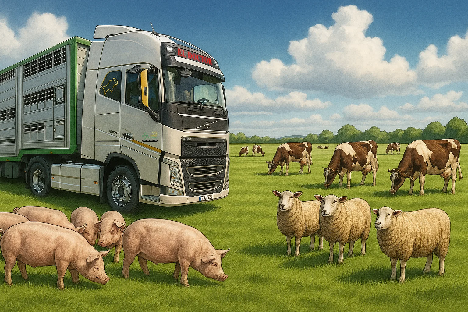 Camión de Transportes El Doctor en un prado con cerdos, ovejas y vacas